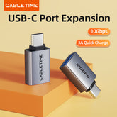 CABLETIME- 10Gbps USB3.2 USB-C Male to USB -A Female OTG adapter Aluminium, USB-C male to USB-A Female, Charge: 5V3A Max, Transmit Rate: 10Gbps, Material: Aluminum+PVC, SKU- CT-CMAF10-AG